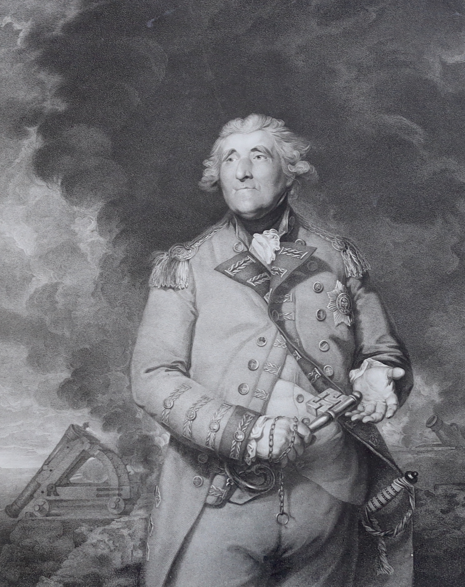 Richard Earlom after Sir Joshua Reynolds (1723-1792), stipple engraving, 'General Eliott, Baron Heathfield of Gibraltar', published by Boydell 1788, visible sheet 39 x 35.5cm